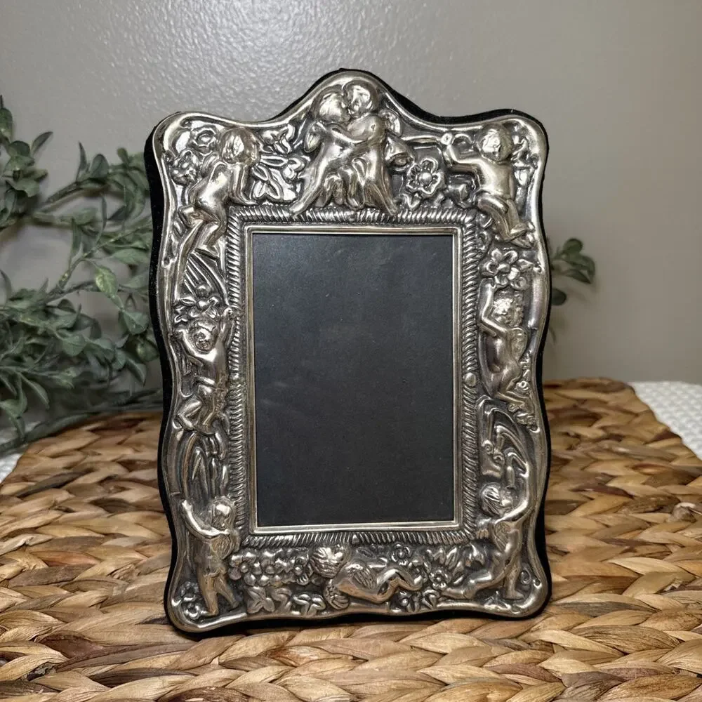 Silver Tone Cherub Putti Picture Frame Ornate Rococo 3.5x5 Glass Victorian VTG
